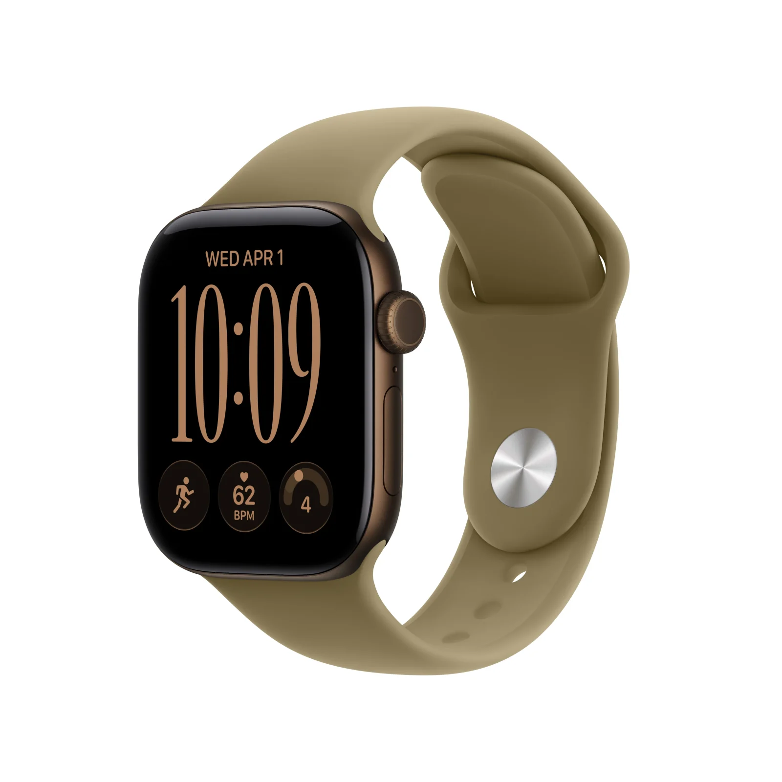 Apple Watch Series 12 GPS, caixa em alumínio bronze escuro de 42 mm com Bracelete desportiva azeitona - M/L