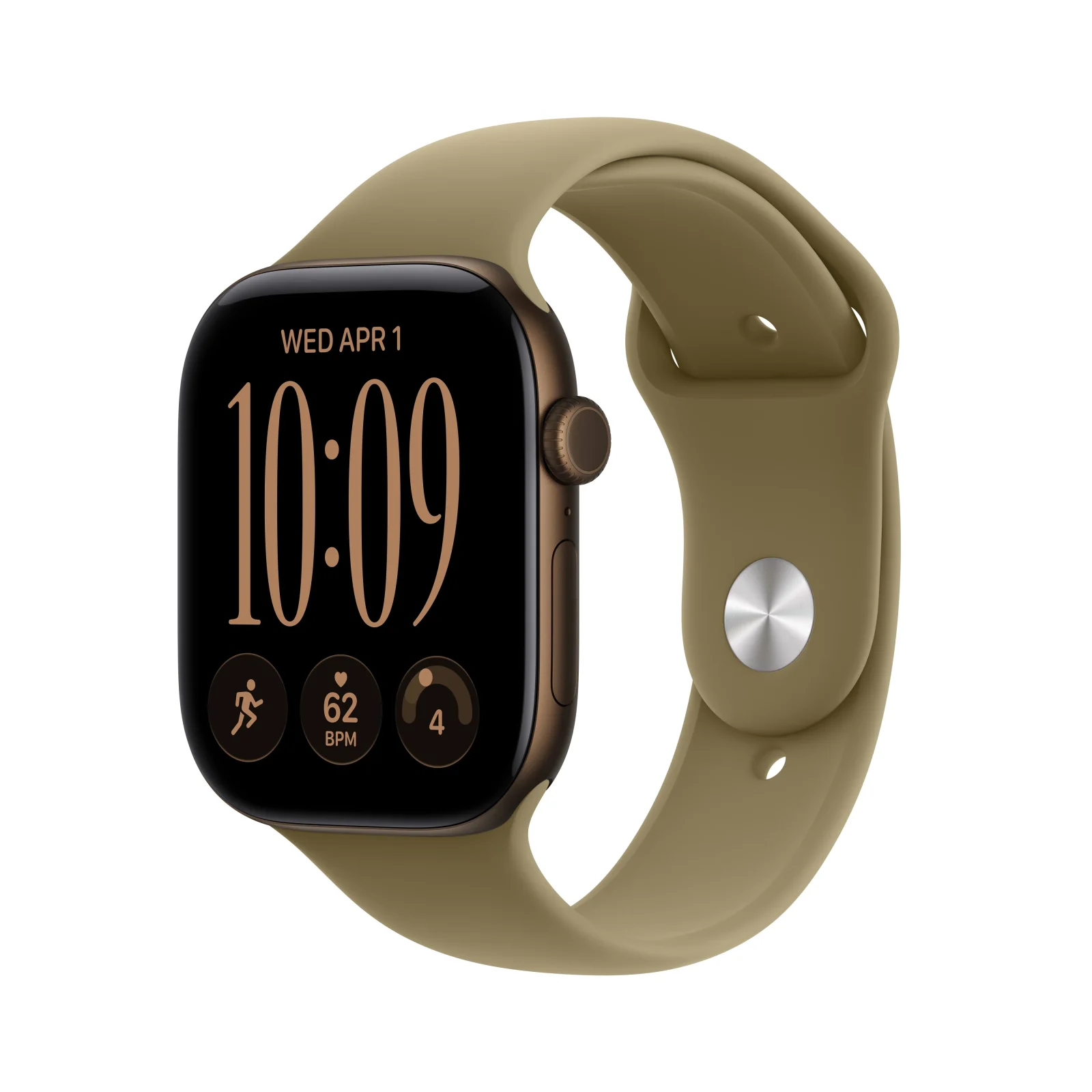 Apple Watch Series 12 GPS, caixa em alumínio bronze escuro de 46 mm com Bracelete desportiva azeitona - S/M
