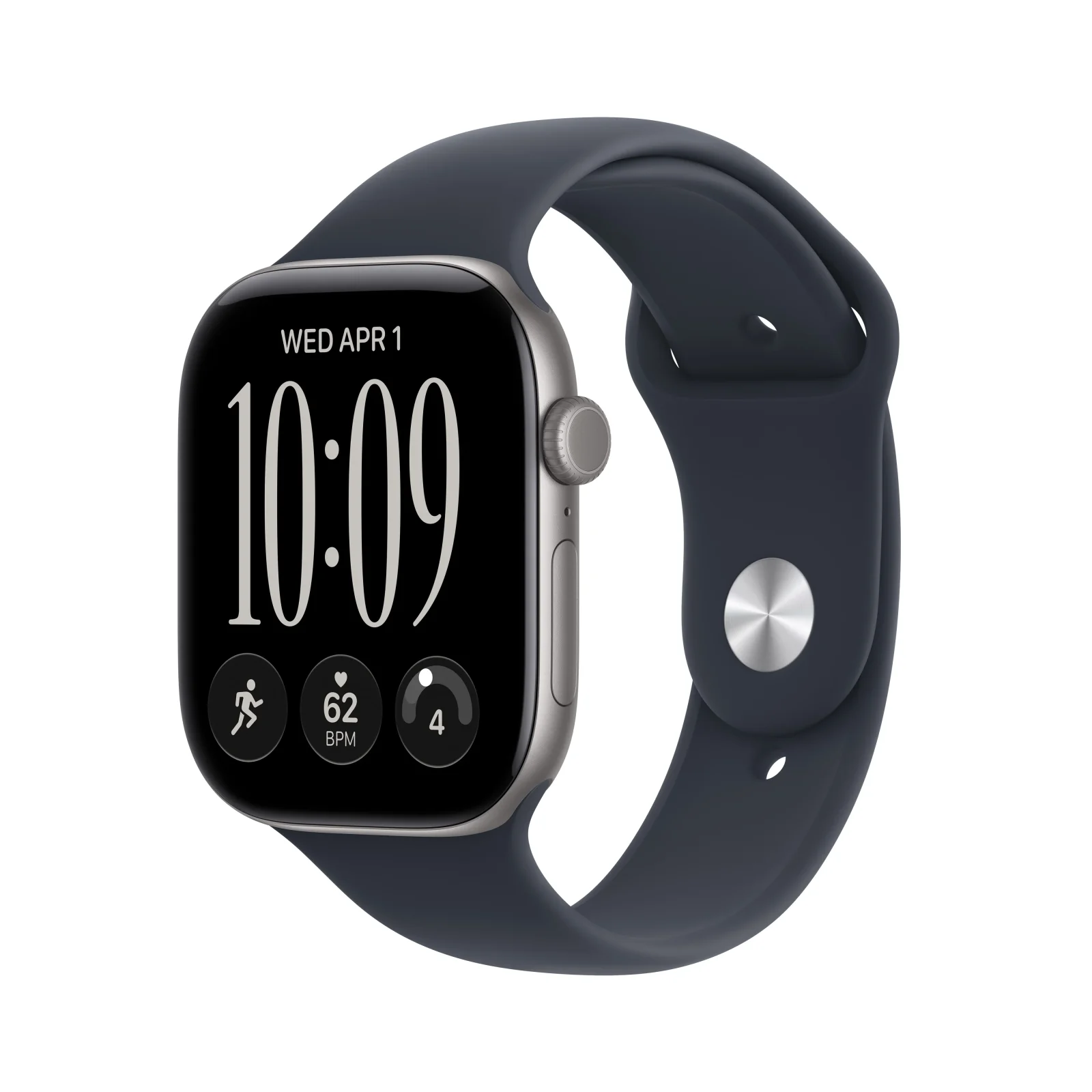 Apple Watch Series 12 GPS, caixa em alumínio cinzento sideral de 46 mm com Bracelete desportiva azul Navy - M/L