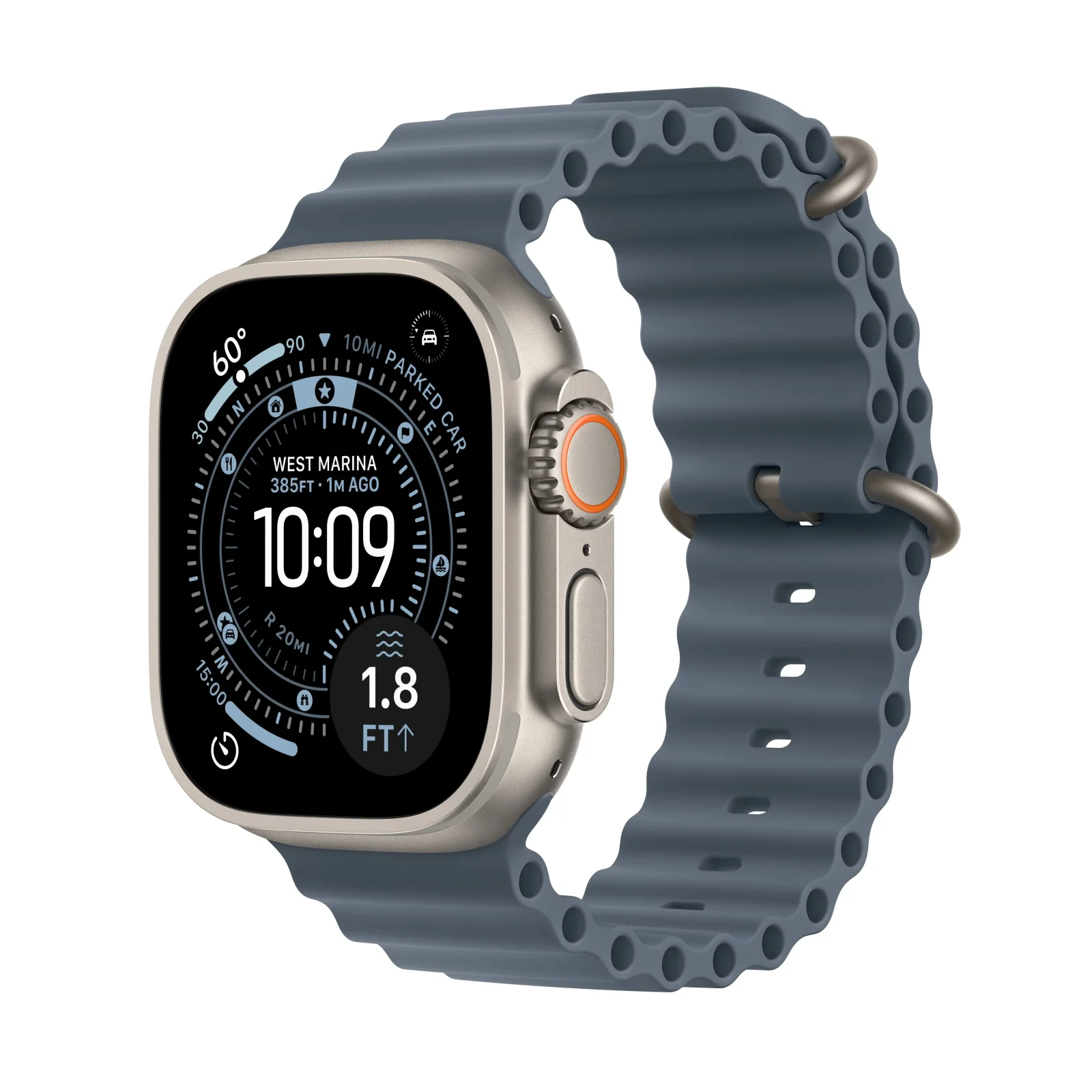 Apple Watch Ultra 3 GPS + Cellular, Caixa em titânio natural de 49 mm com Bracelete Ocean azul-âncora